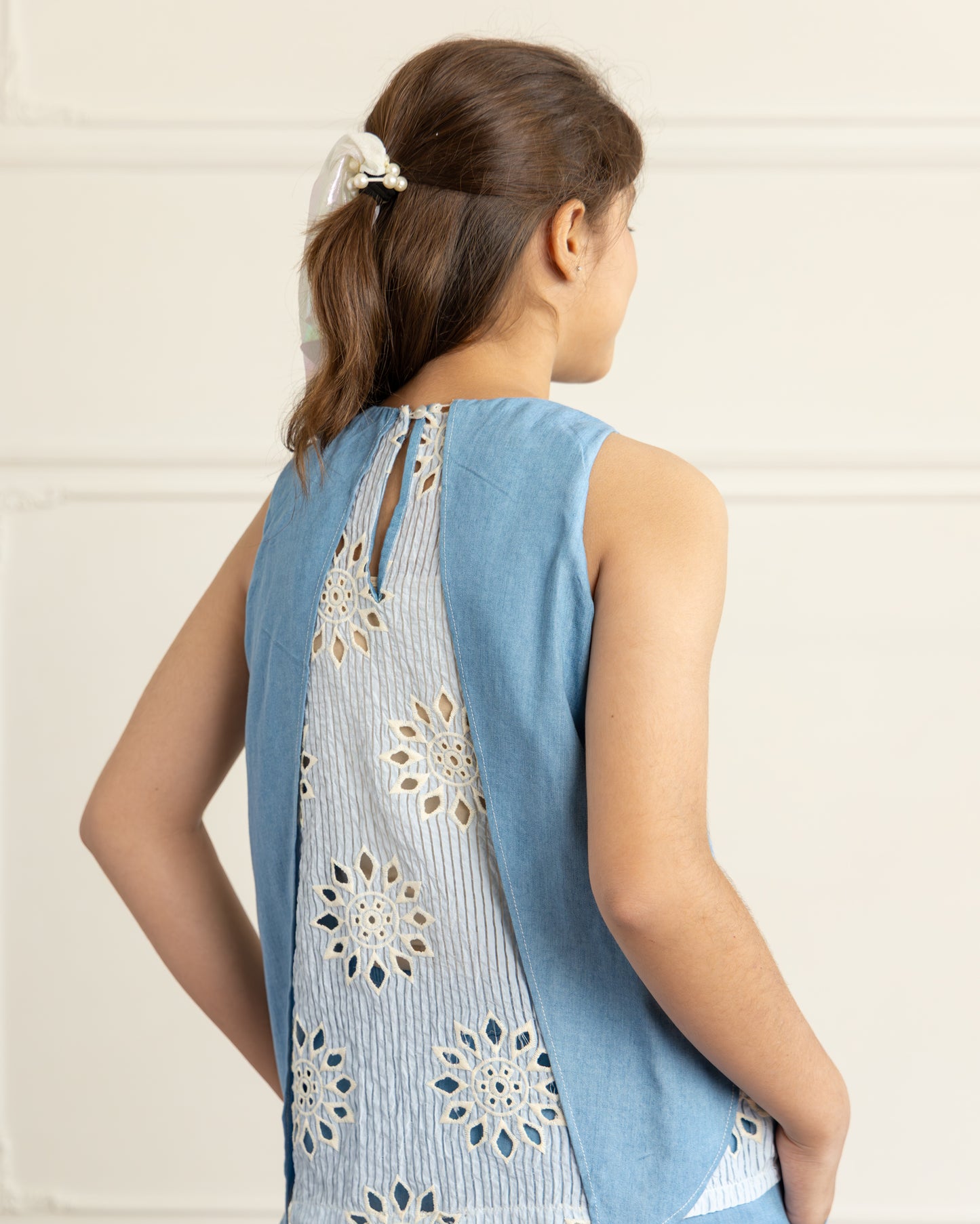 Light Blue Denim Embroidered-Top