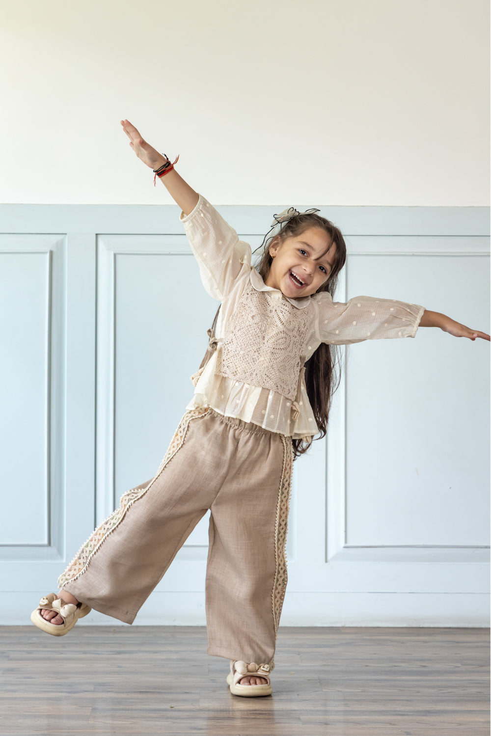Beige Linen Coord Set With Crochet Bib-Top