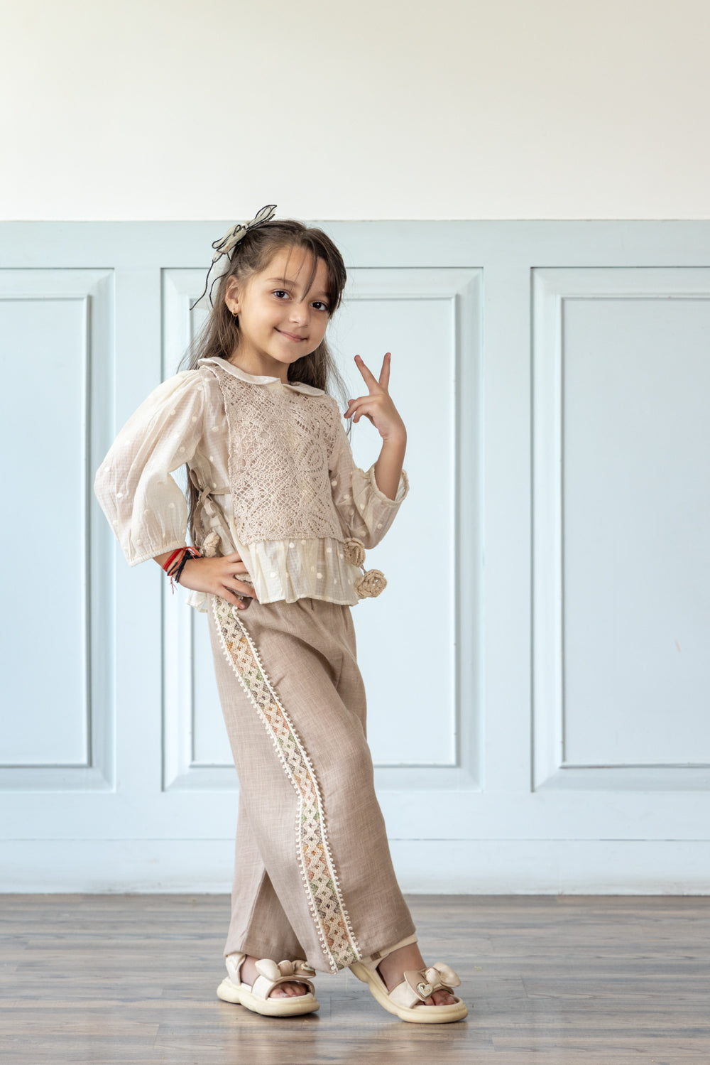 Beige Linen Coord Set With Crochet Bib-Top