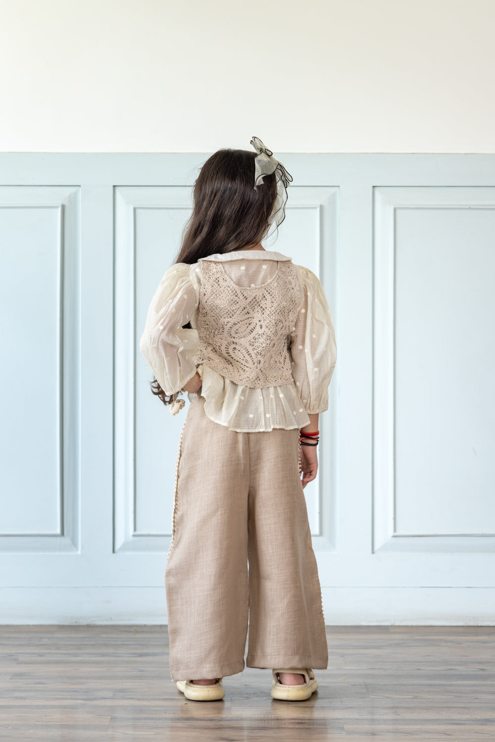 Beige Linen Coord Set With Crochet Bib-Top
