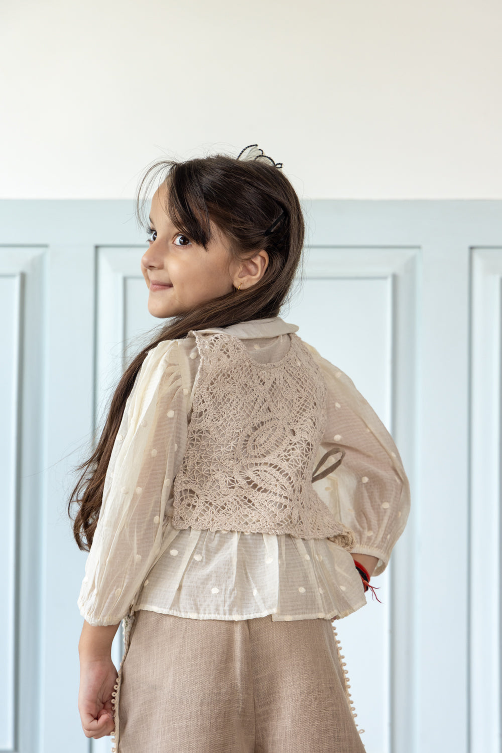 Beige Linen Coord Set With Crochet Bib-Top