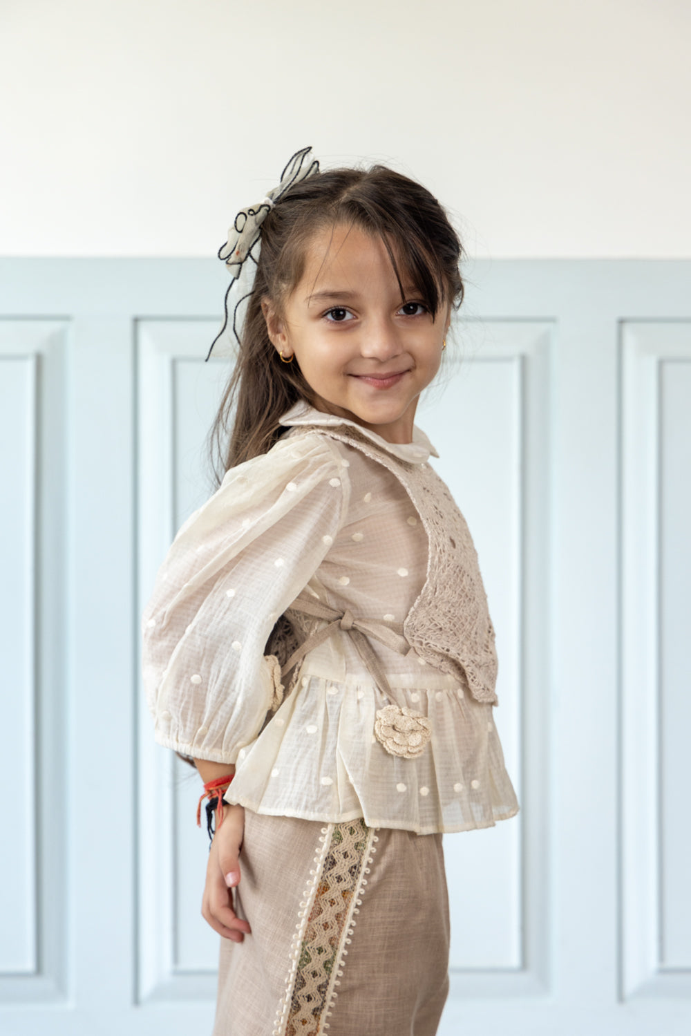 Beige Linen Coord Set With Crochet Bib-Top