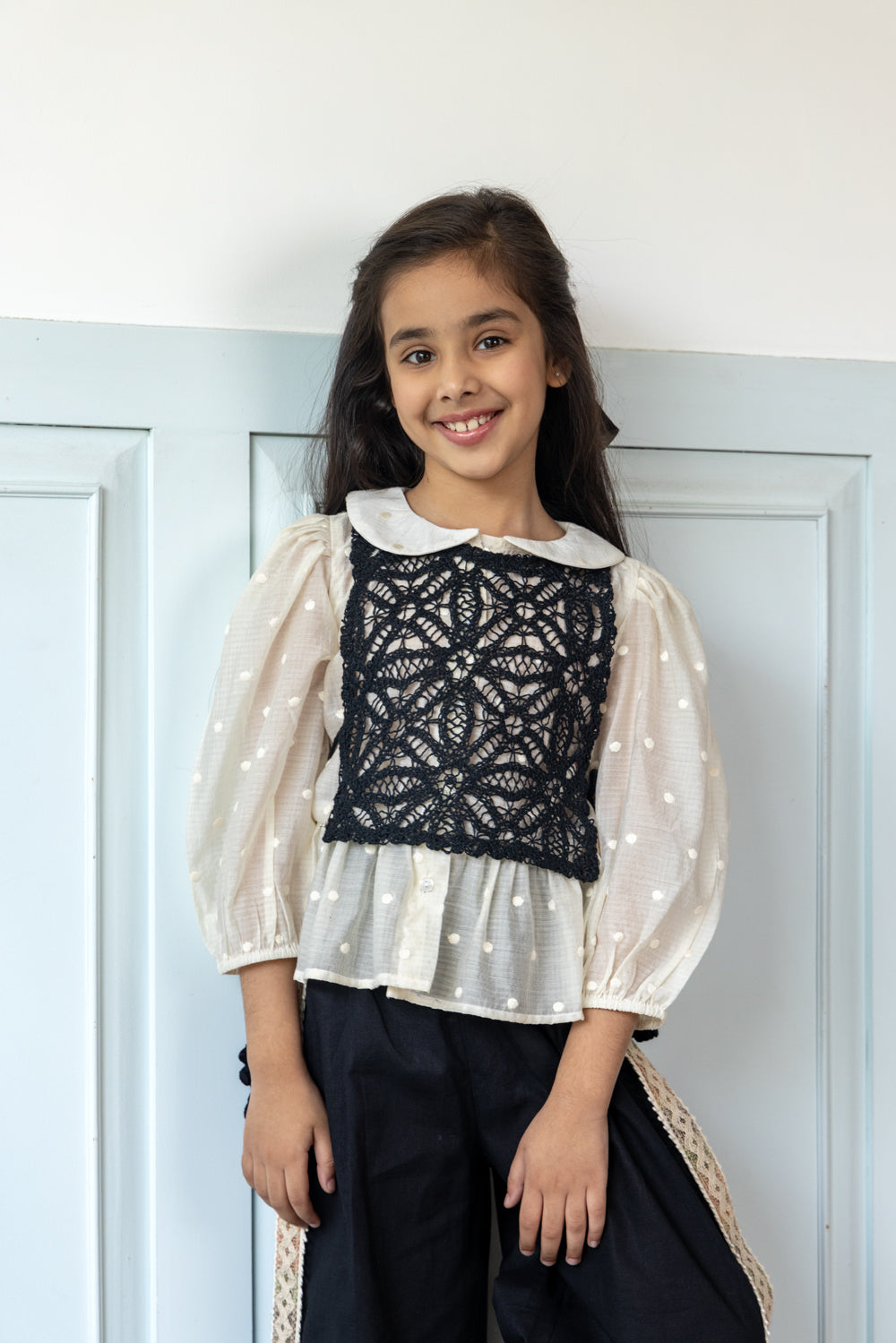 Black Linen Coord Set With Crochet Bib-Top