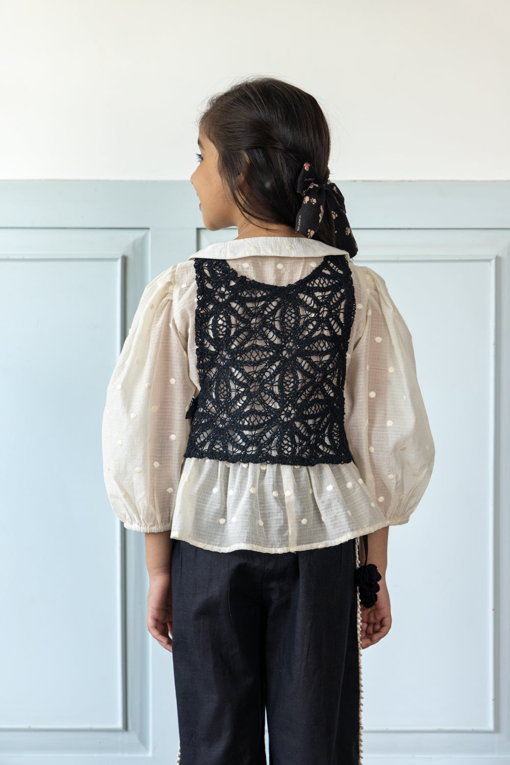 Black Linen Coord Set With Crochet Bib-Top