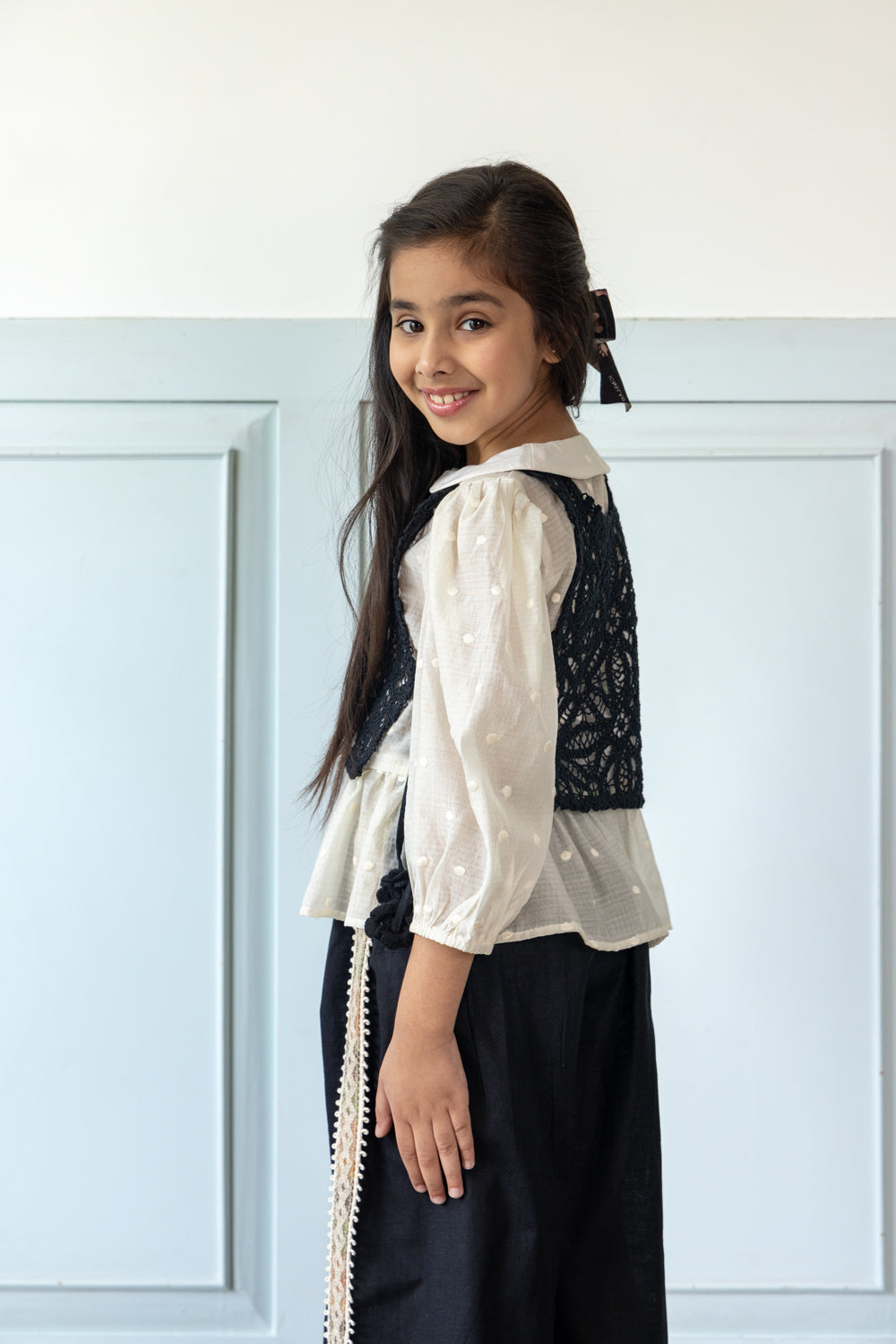 Black Linen Coord Set With Crochet Bib-Top