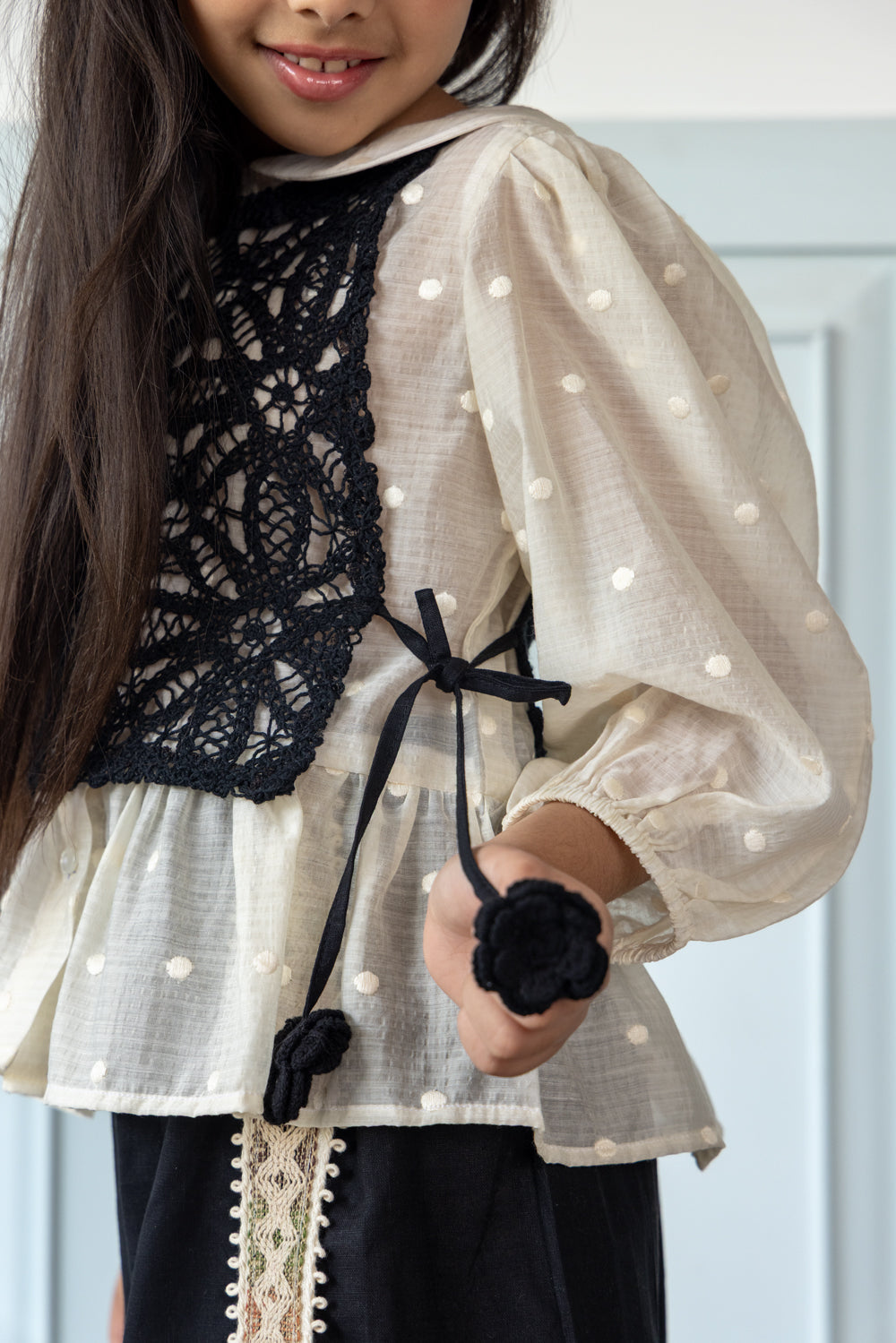 Black Linen Coord Set With Crochet Bib-Top
