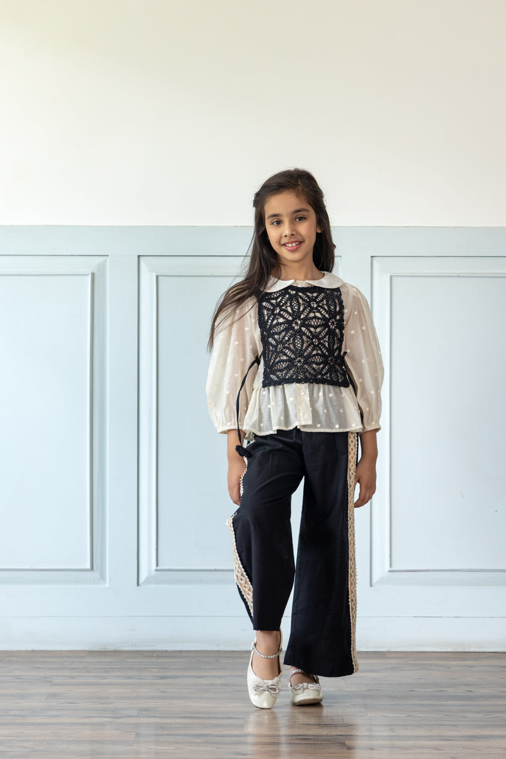 Black Linen Coord Set With Crochet Bib-Top