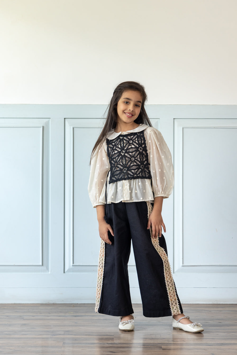 Black Linen Coord Set With Crochet Bib-Top