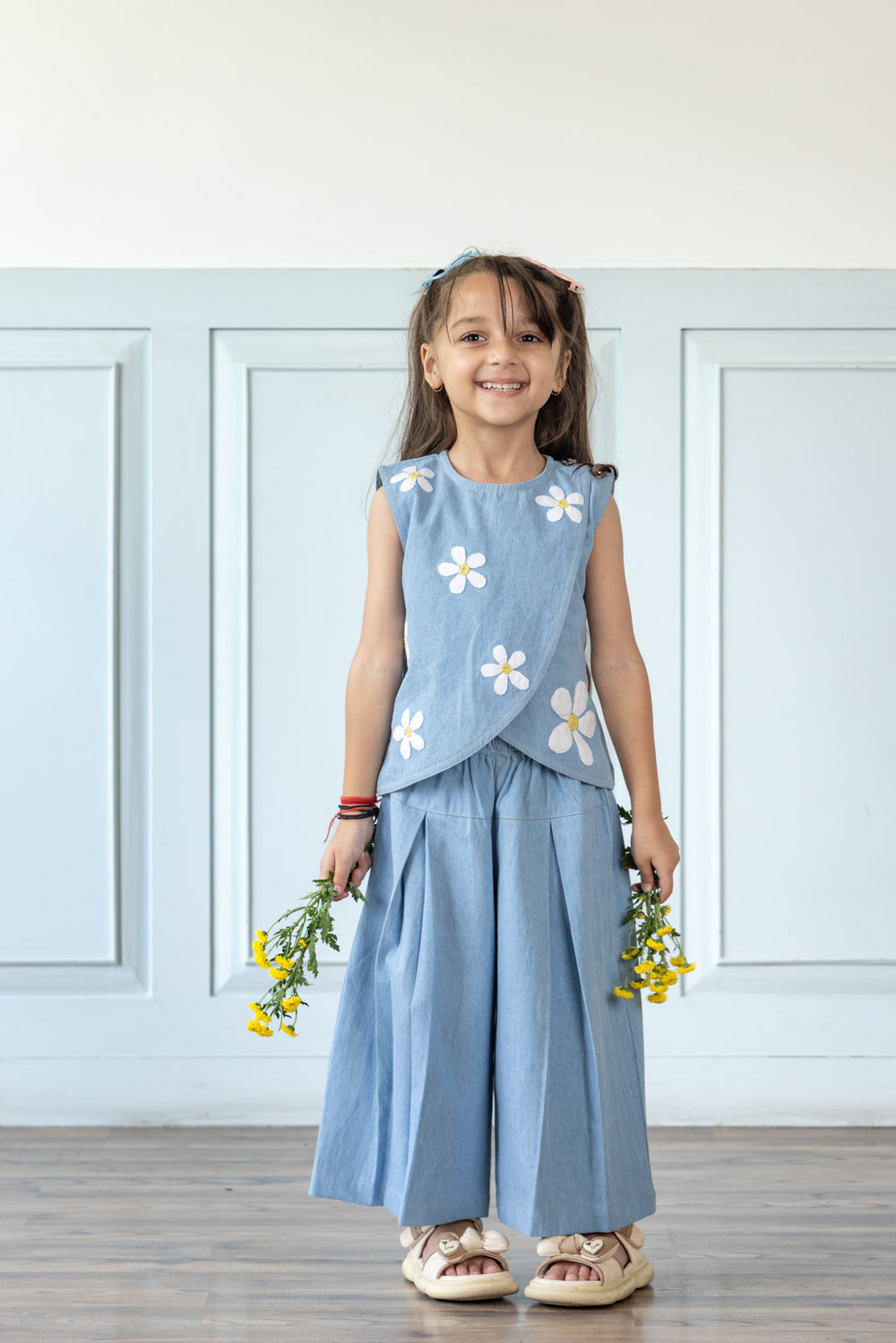 Light Blue Daisy Embroidered Denim Co-ord Set
