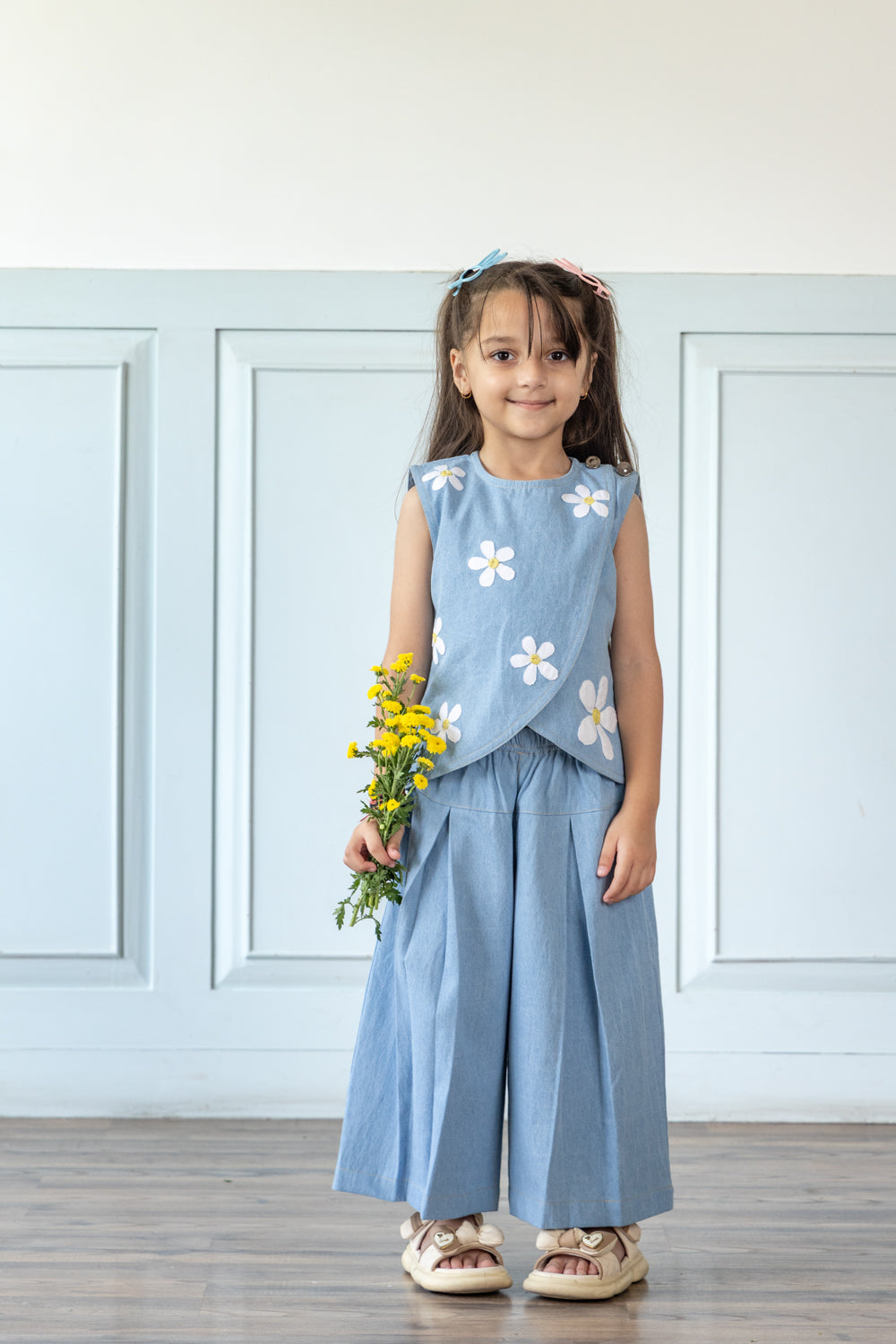 Light Blue Daisy Embroidered Denim Co-ord Set