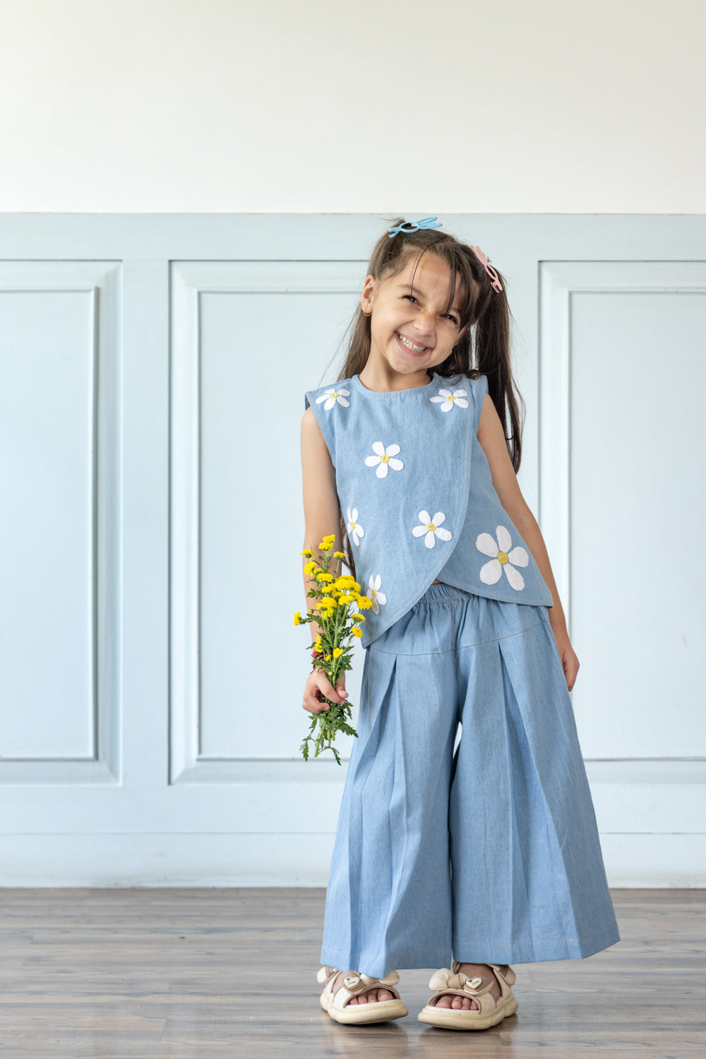 Light Blue Daisy Embroidered Denim Co-ord Set