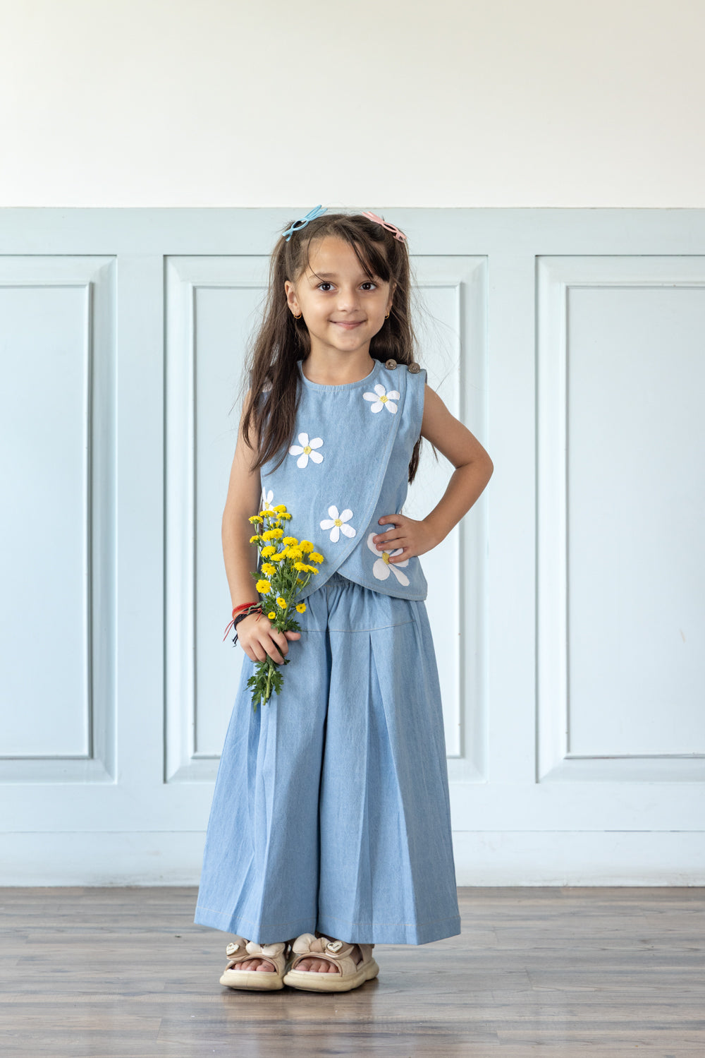 Light Blue Daisy Embroidered Denim Co-ord Set