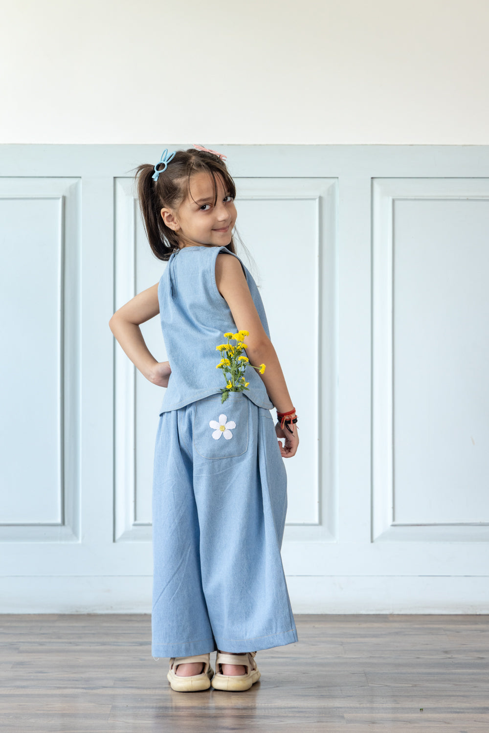 Light Blue Daisy Embroidered Denim Co-ord Set