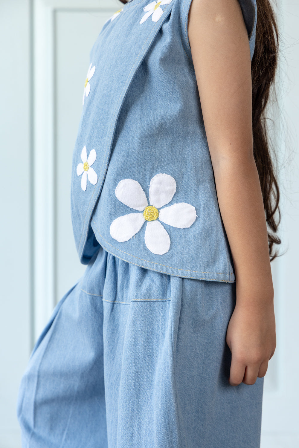 Light Blue Daisy Embroidered Denim Co-ord Set