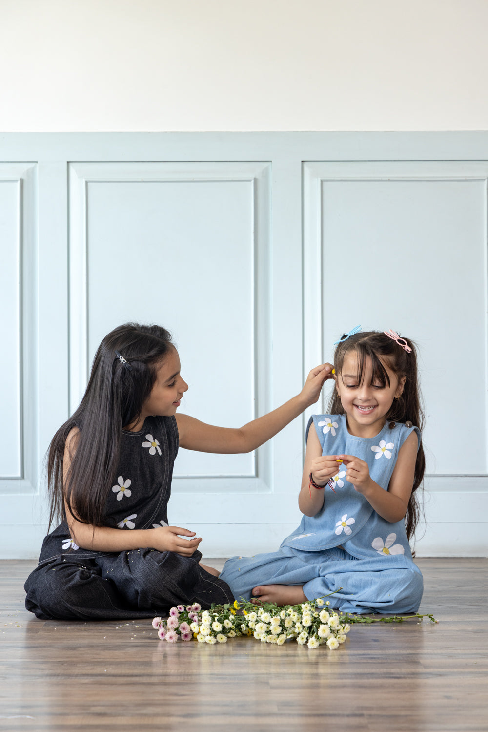 Daisy Embroidered Black Denim Co-ord Set