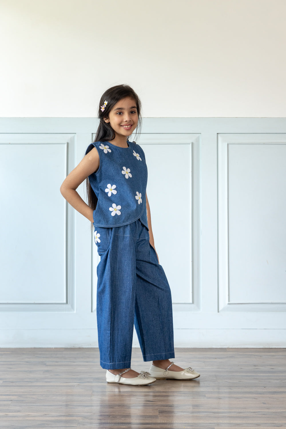 Indigo Blue Daisy Embroidered Denim Co-ord Set