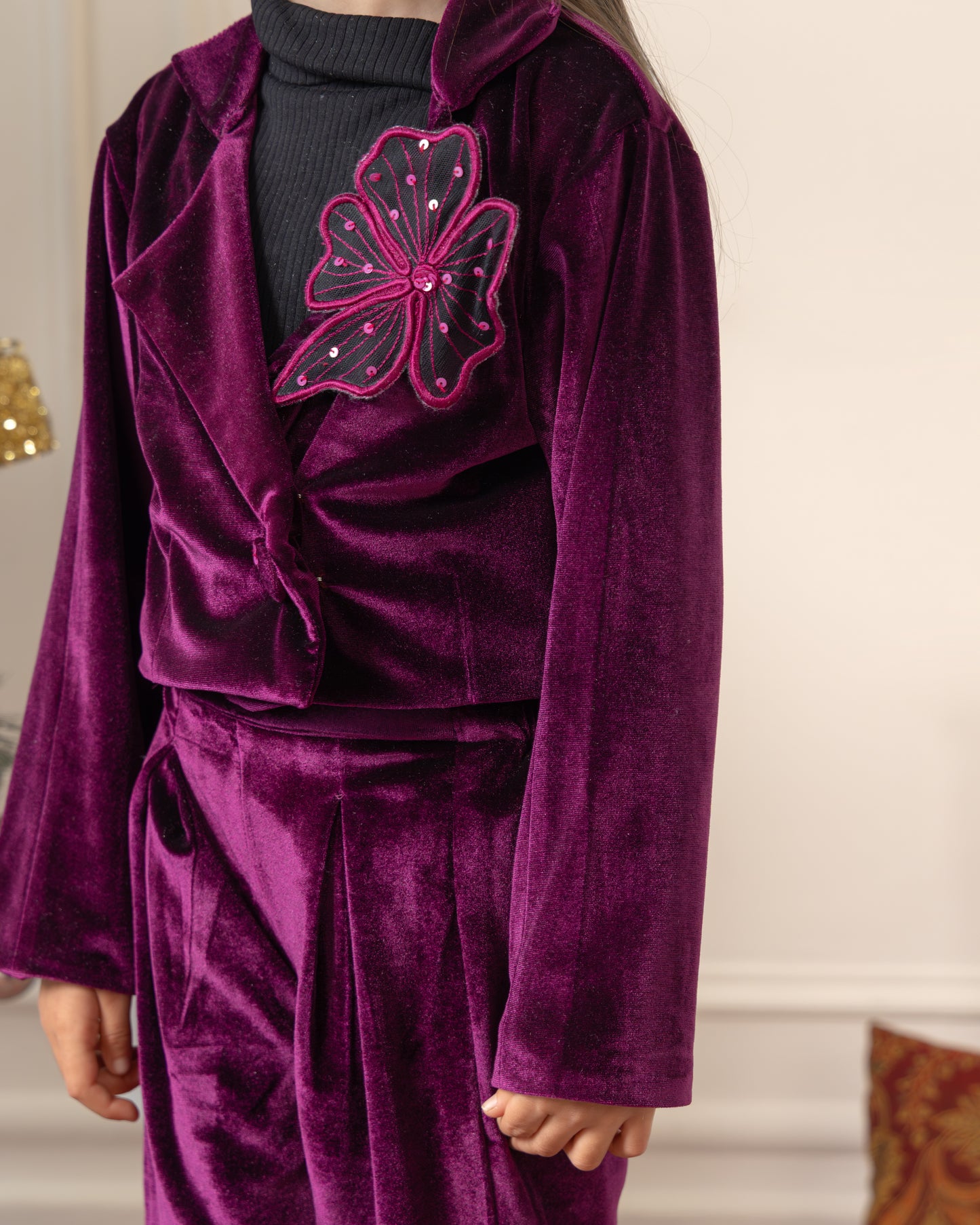 Cropped Blazer With Flared Pants- Royal Wine