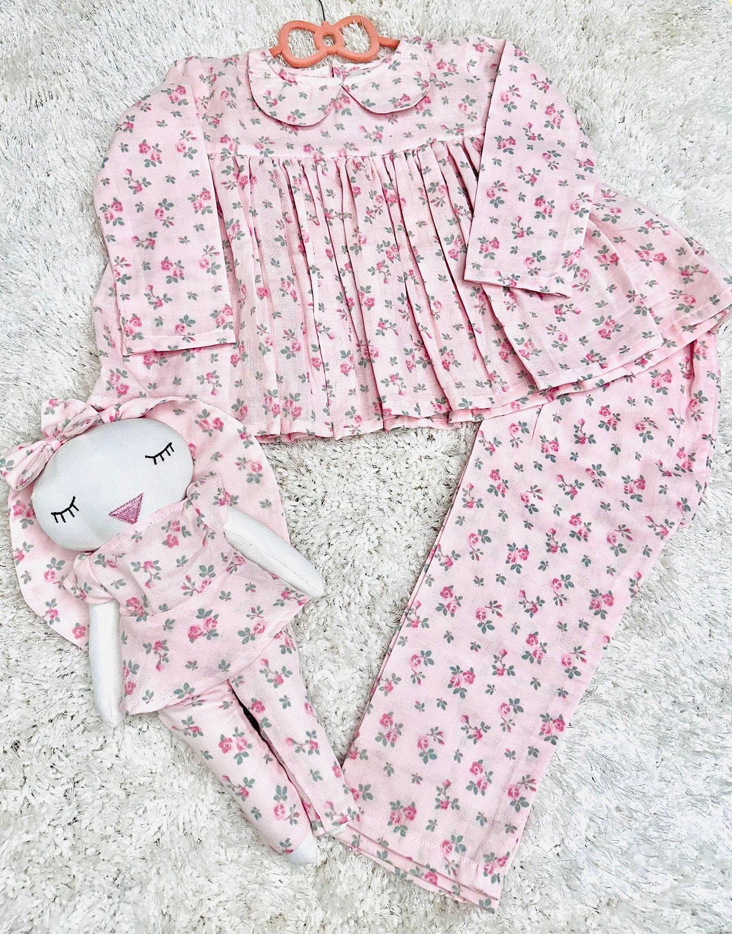 Pink Rose Loungewear Set With Matching Bunny Doll - RISA DREAMWORLD