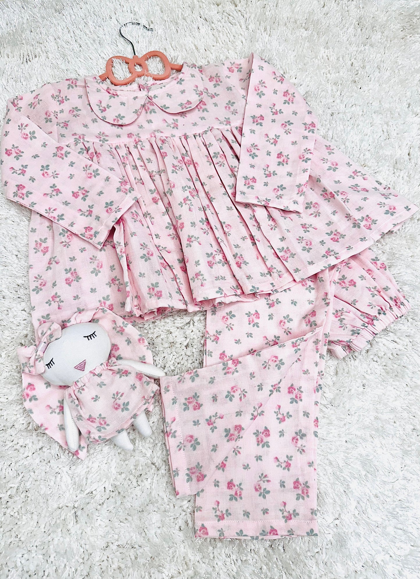 Pink Rose Loungewear Set With Matching Bunny Doll - RISA DREAMWORLD