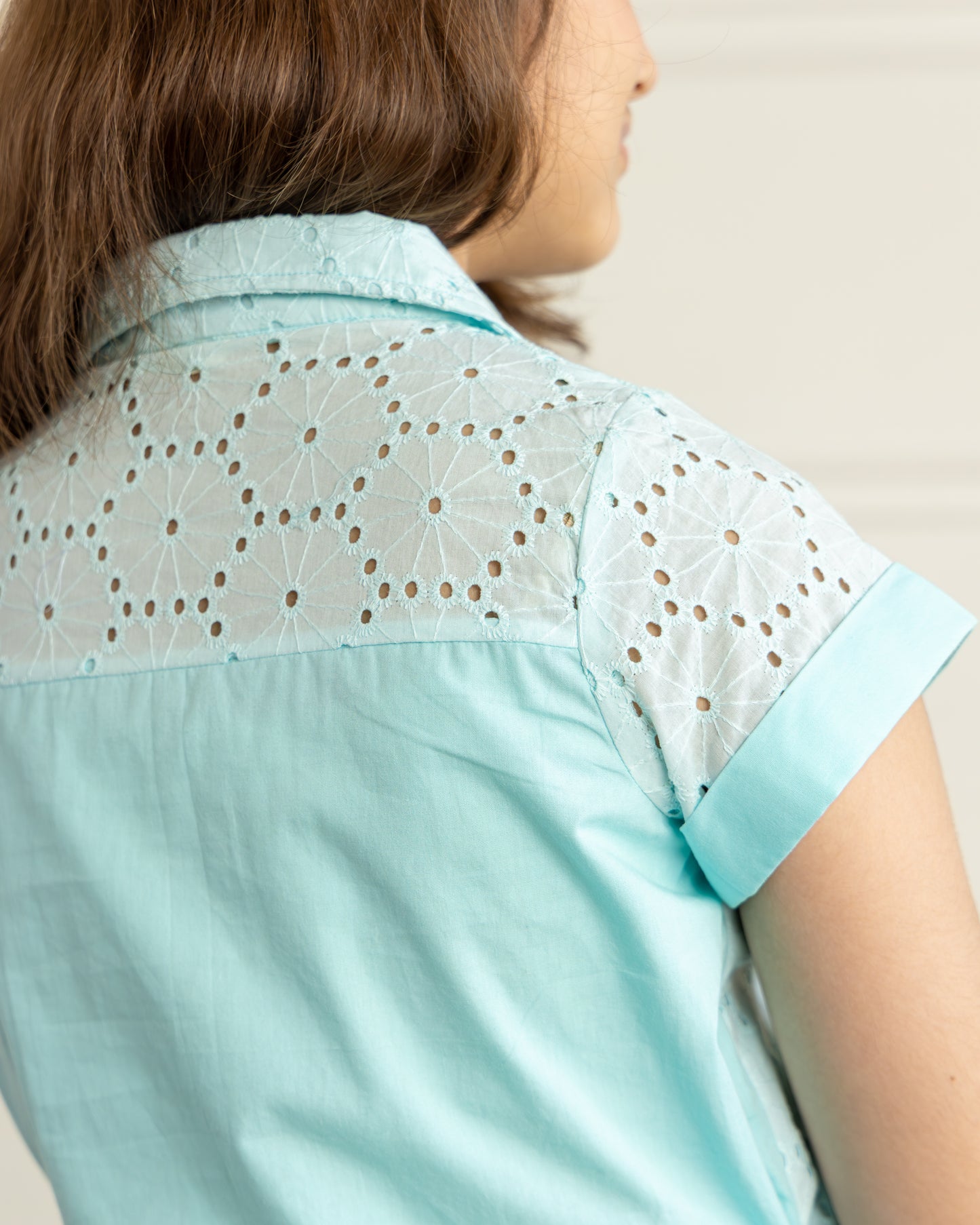 Sea-Blue Schiffli-Shirt