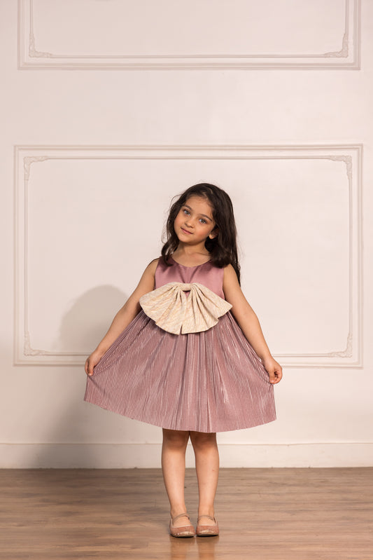 Pleated Pink Satin Dress With Oversized Droopy Bow