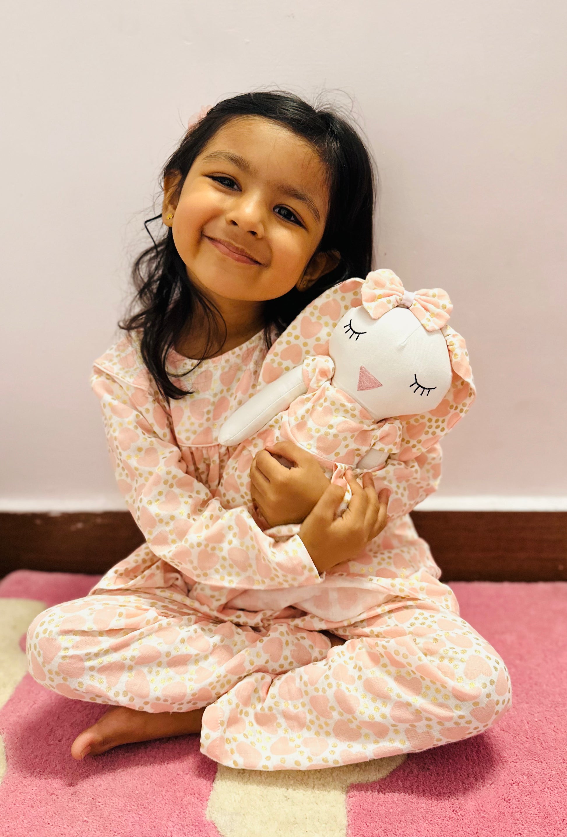 Peachy Hearts Night Suit Set For Girl With Matching Bunny Doll