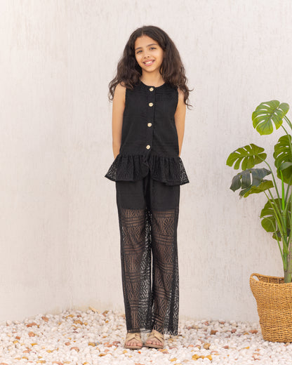 Black Peplum Top With Pants-Co-ord Set