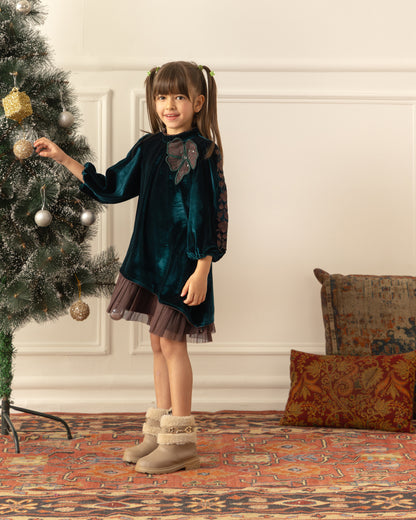Embroidered Velvet Dress- Emrald Green