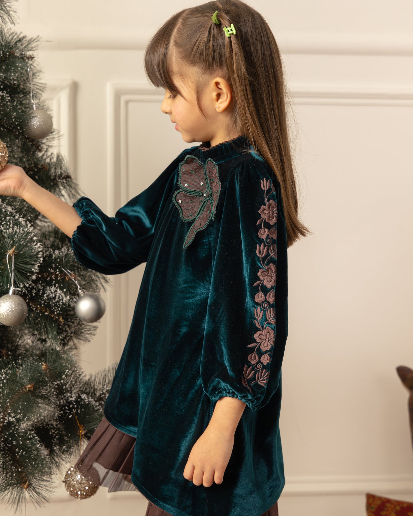Embroidered Velvet Dress- Emrald Green