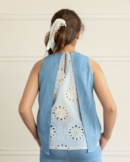 Light Blue Denim Embroidered-Top
