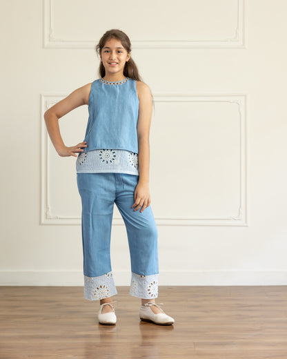 Light Blue Denim Embroidered-Top