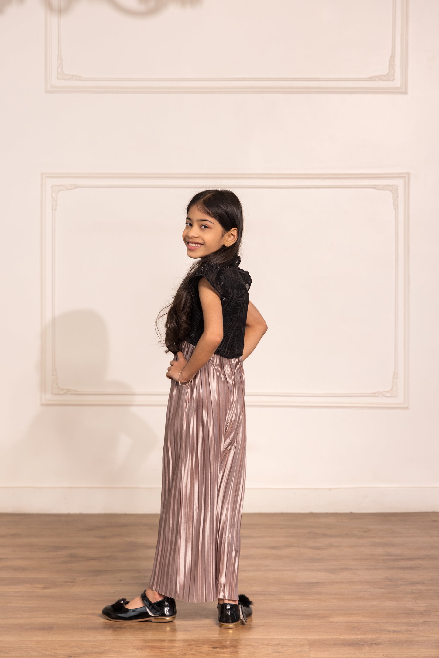 Pleated Satin Jumpsuit With Organza Bolero Jacket