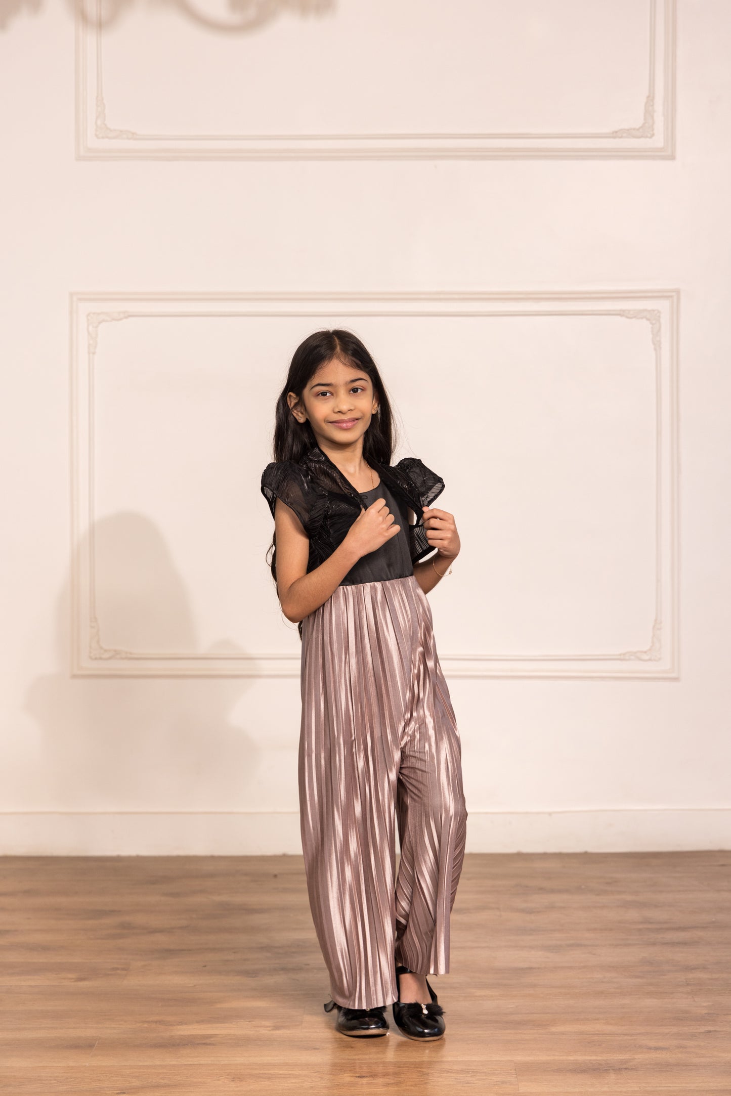 Pleated Satin Jumpsuit With Organza Bolero Jacket