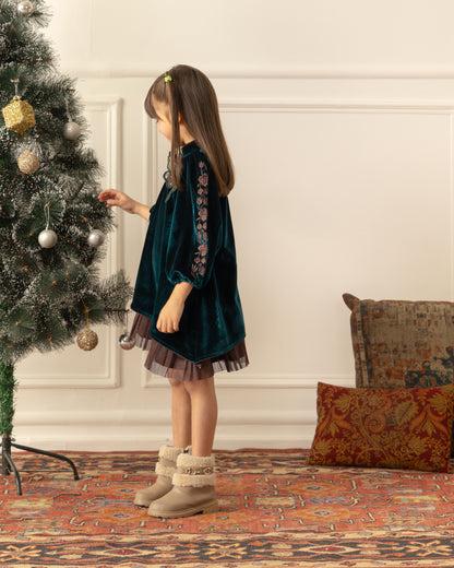 Embroidered Velvet Dress- Emrald Green