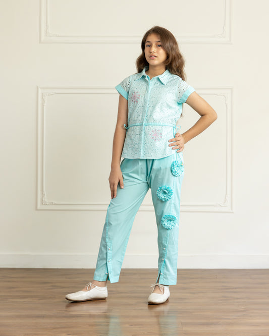 Sea-Blue Schiffli-Shirt