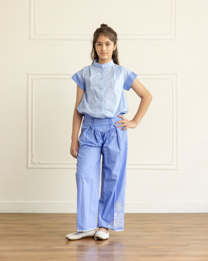 Sky Blue Chic Shirt & Trouser Set