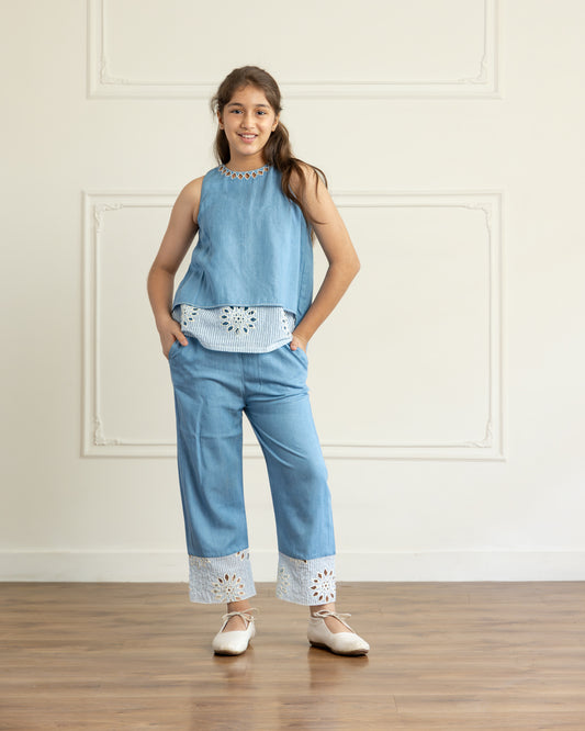 Light Blue Denim Embroidered-Top