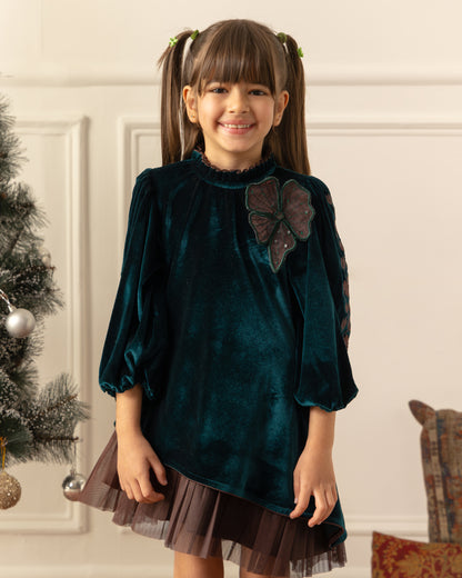 Embroidered Velvet Dress- Emrald Green