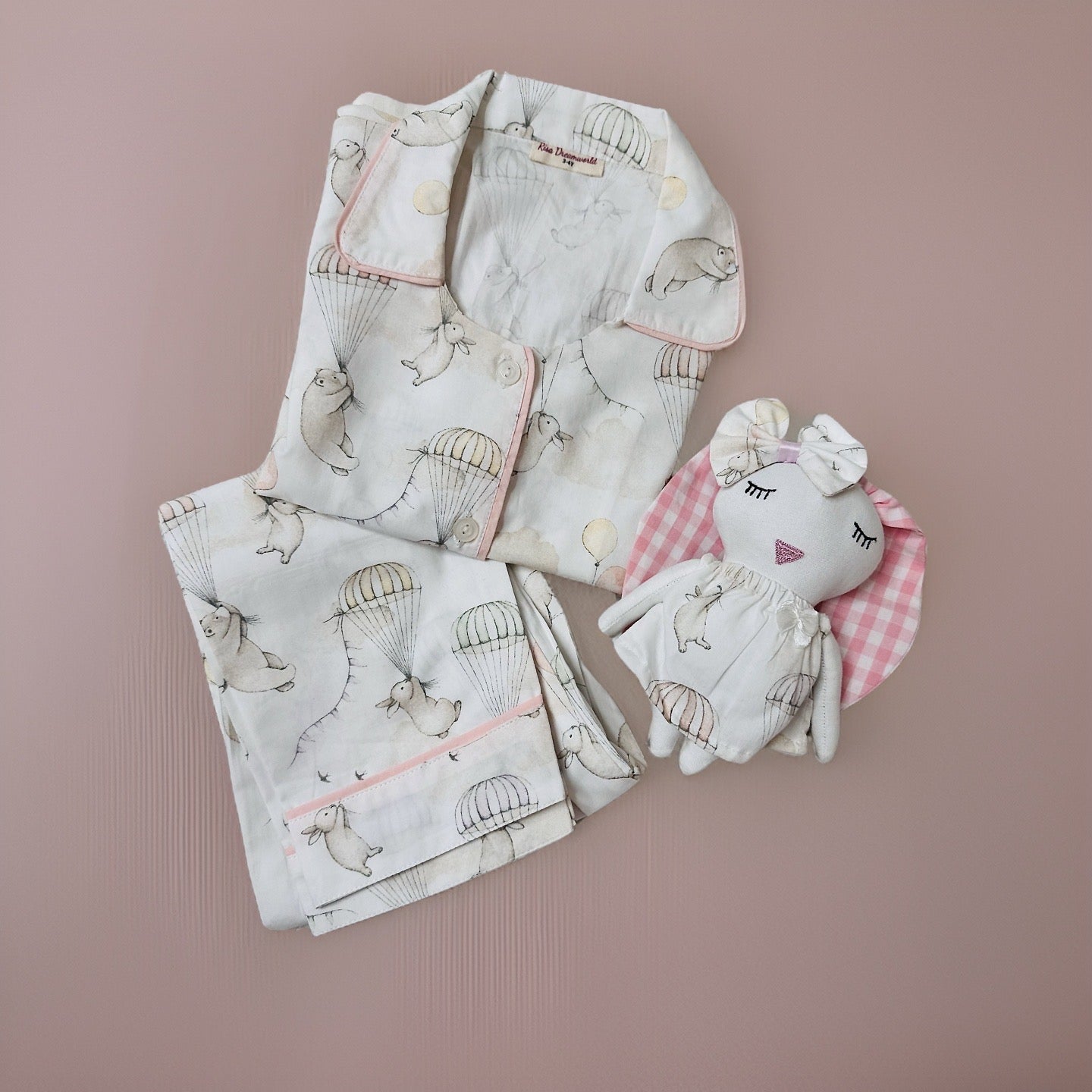 Dreamy Clouds Night Suit Set For Girl With Matching Bunny RISA DREAMWORLD