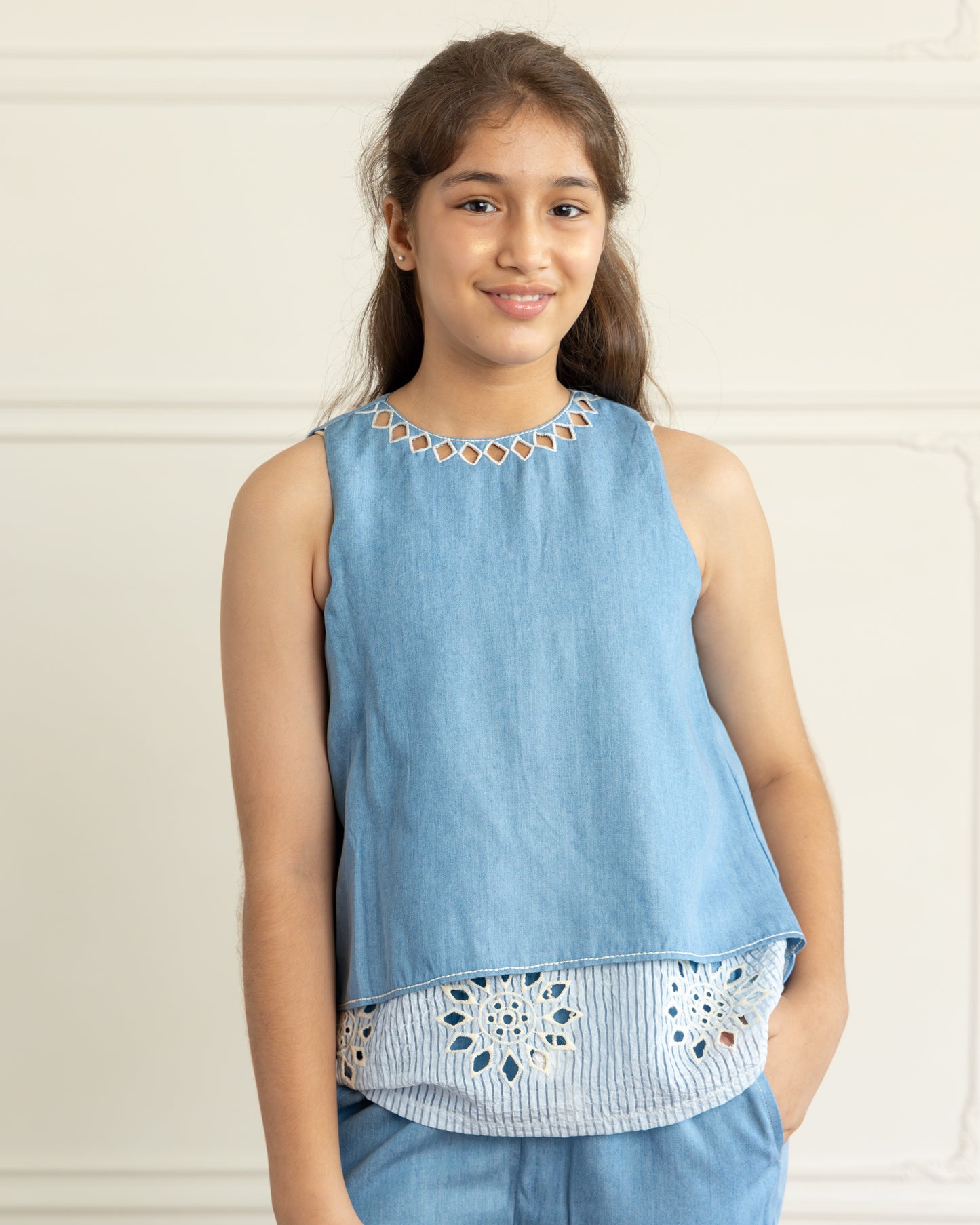 Light Blue Denim Embroidered-Top