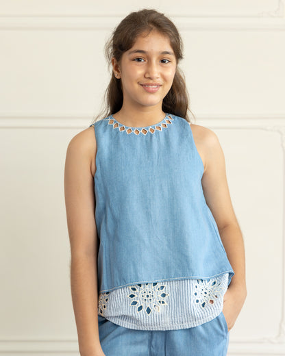 Light Blue Denim Embroidered-Top