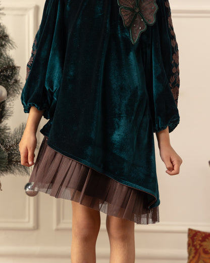 Embroidered Velvet Dress- Emrald Green