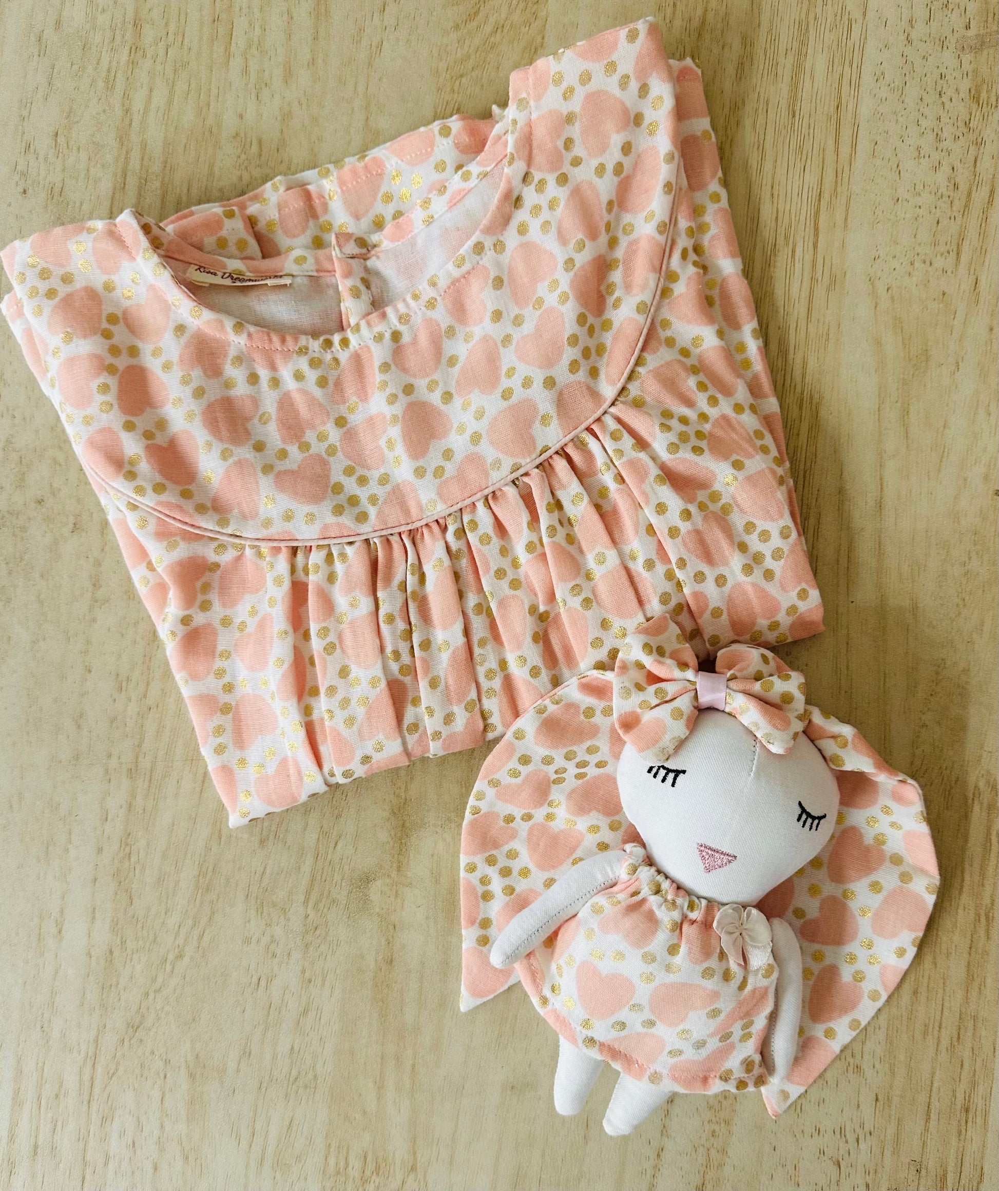 Peachy Hearts Night Suit Set For Girl With Matching Bunny Doll RISA DREAMWORLD