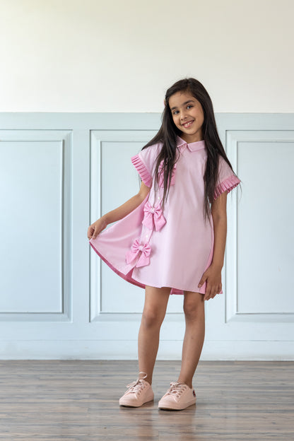 Pink Contrasting Denim Bow Dress