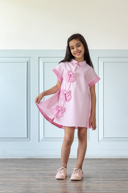 Pink Contrasting Denim Bow Dress