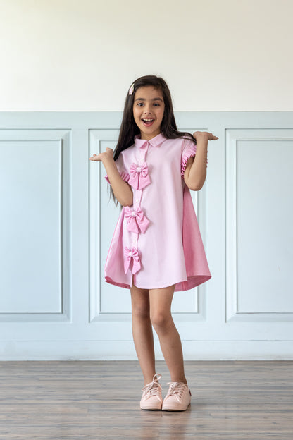 Pink Contrasting Denim Bow Dress
