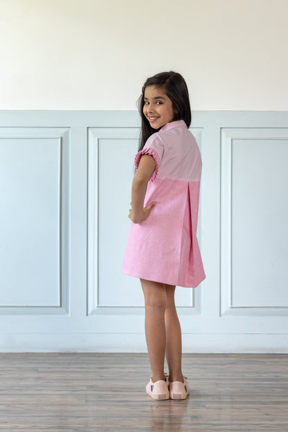Pink Contrasting Denim Bow Dress