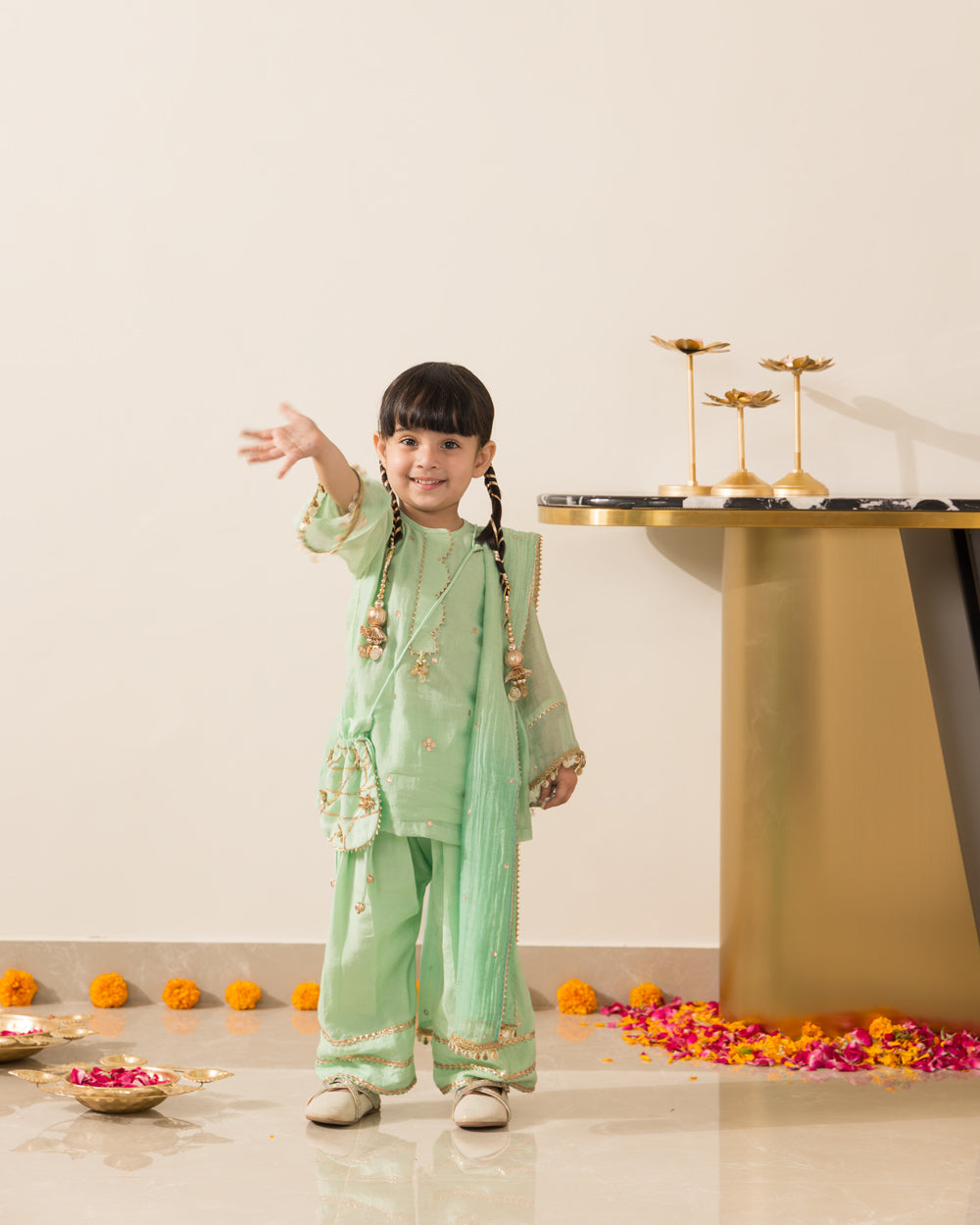 Gota Embellished 3 Pc Set- Pastel Green