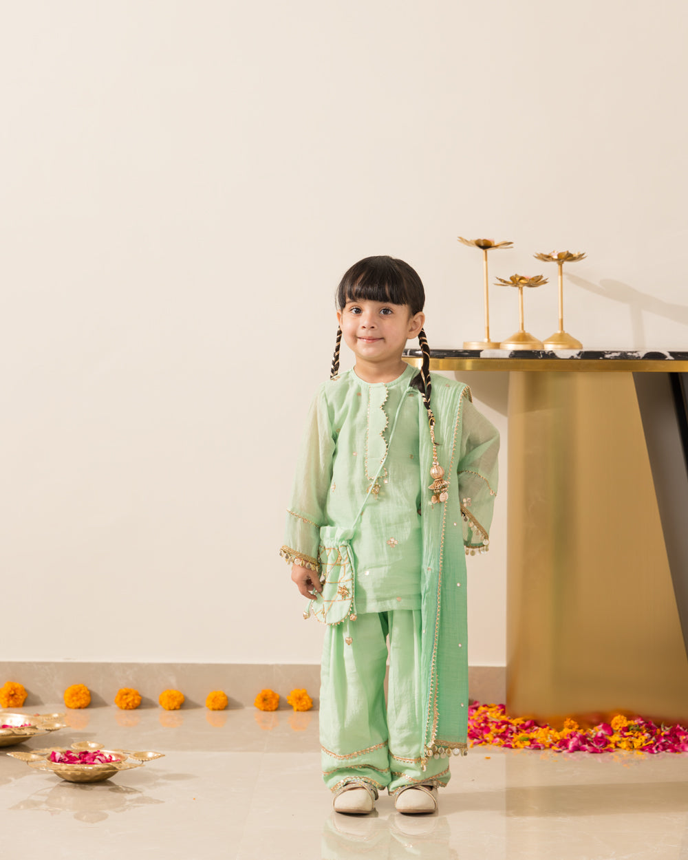 Gota Embellished 3 Pc Set- Pastel Green