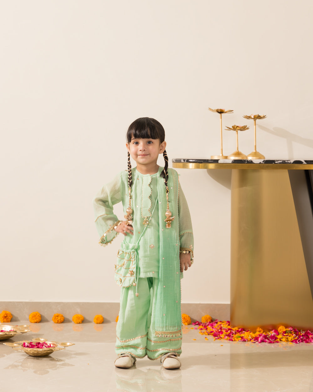 Gota Embellished 3 Pc Set- Pastel Green